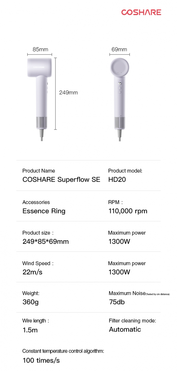 Coshare HD10E Pearl White Hair Dryer with Ionic Technology - 3 Heat Settings - Image 8