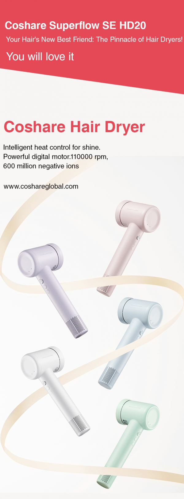 Coshare HD10E Pearl White Hair Dryer with Ionic Technology - 3 Heat Settings - Image 5