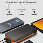 Solar Powerbank 10000mAh charging iPhone 11 up to 8 times, Samsung S20 6 times, and tablet 3 times simultaneously