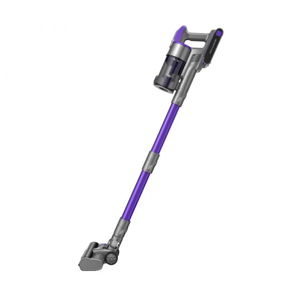 a cordless vacuum cleaner with a purple handle