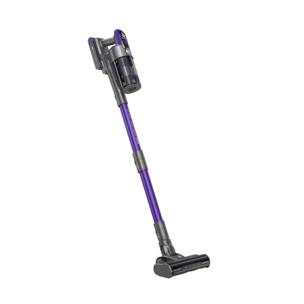 a cordless vacuum cleaner with a purple handle